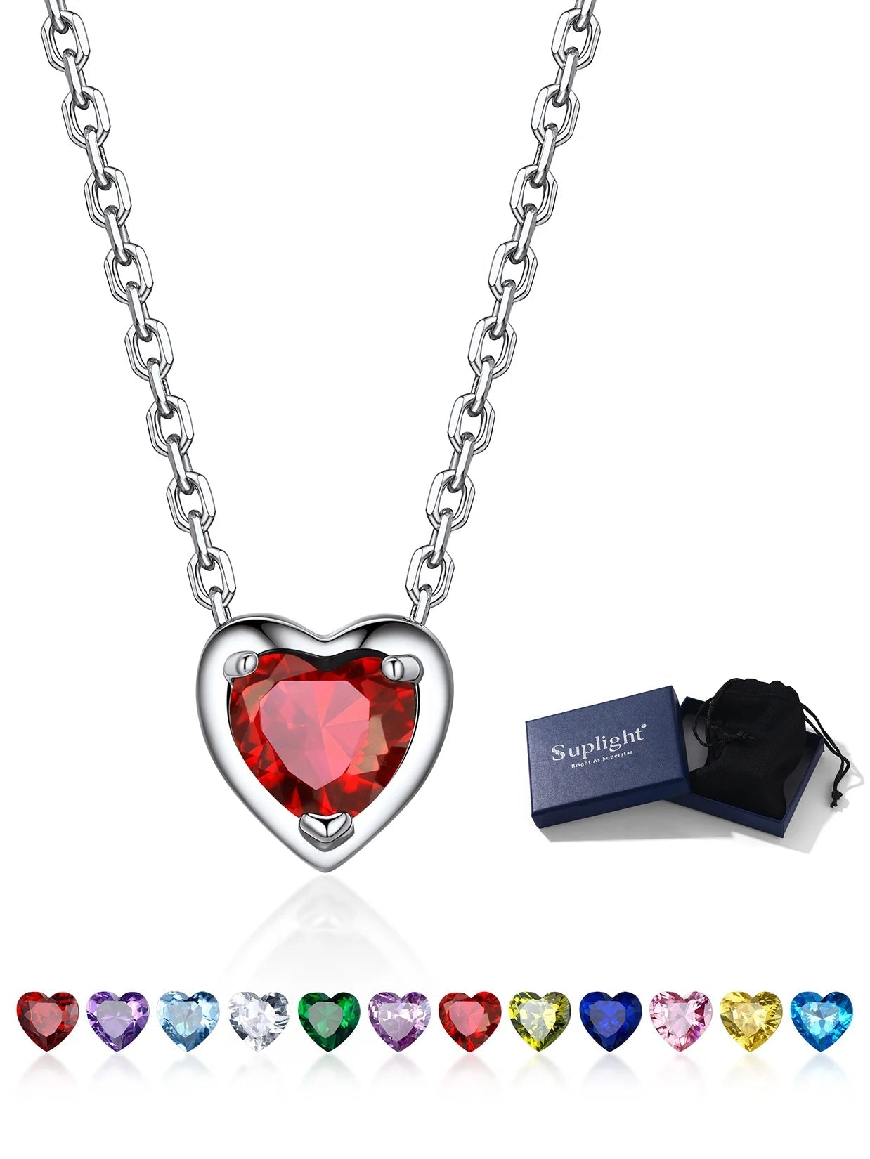 Silver Necklace 925 Sterling Silver Birthstone Love Heart Necklace Valentine'S Day Gift for Her