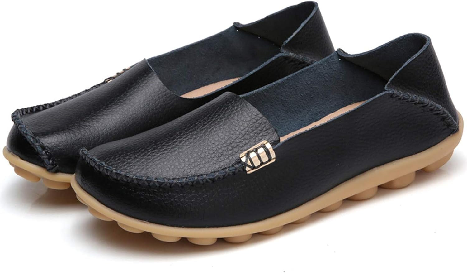 Women'S Comfortable Leather Loafers Leisure round Toe Moccasins Wild Driving Flats Soft Walking Shoes Women Slip On, 1-Black, 8.5