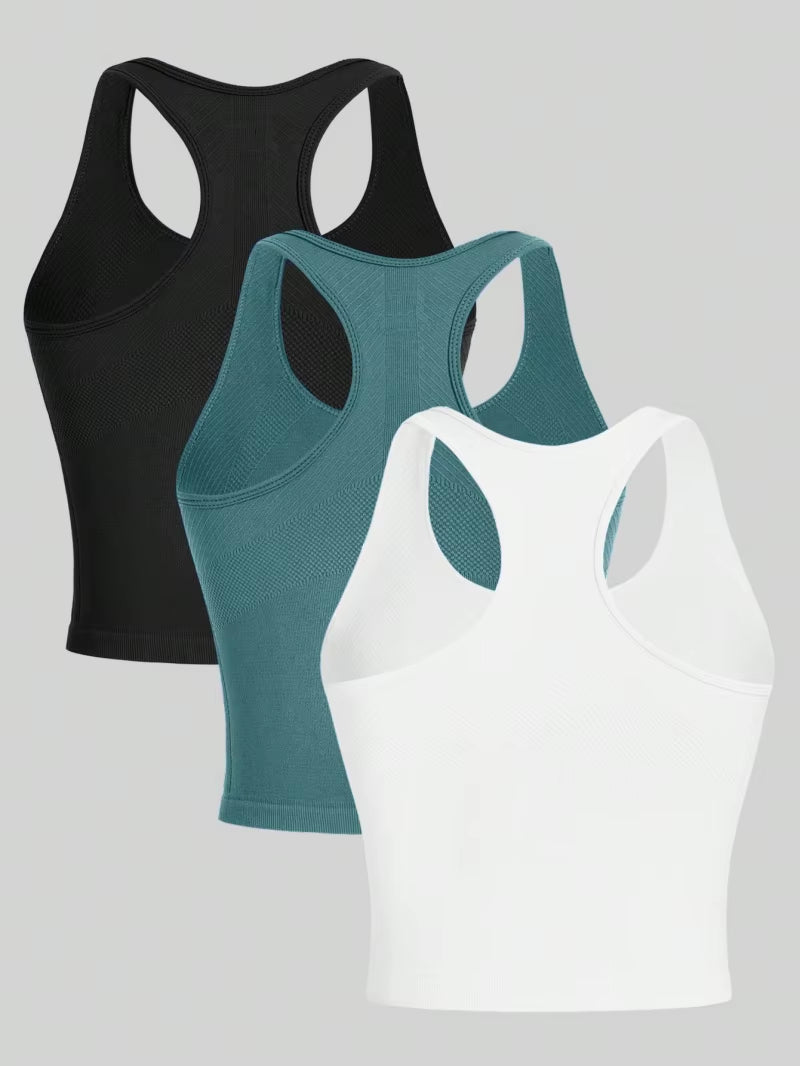 3 Piece Yoga Vest Women Gym Sports Racerback Crop Tops Seamless Streetwear Rib Knit Workout Breathabletank Top Female