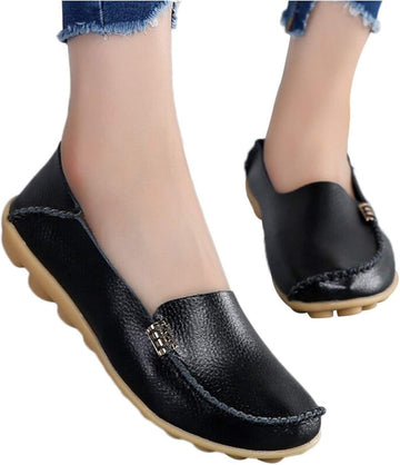 Women'S Comfortable Leather Loafers Leisure round Toe Moccasins Wild Driving Flats Soft Walking Shoes Women Slip On, 1-Black, 8.5